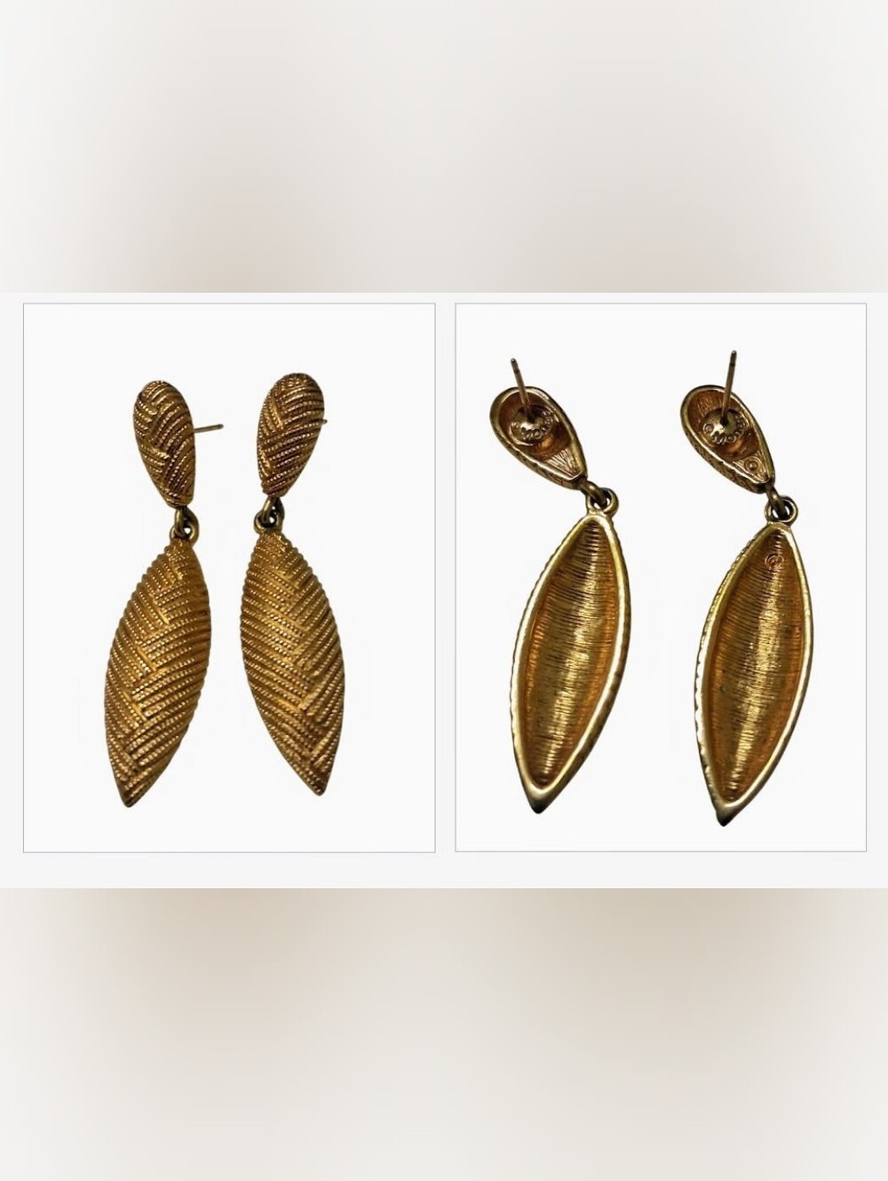 Vintage Signed Monet Gold-Tone Crosshatch Textured Dangle Earrings